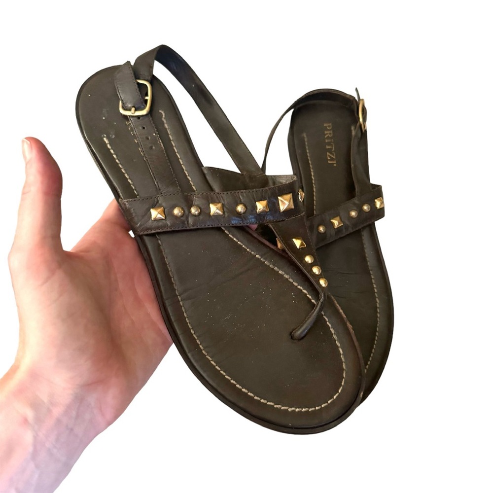 Pritzi Leather Studded Thong Sling Back Flat Sandals Brown Size 10.5
